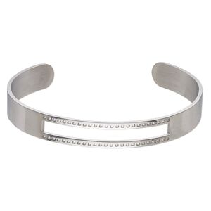 Bracelet component, cuff, stainless steel, 10mm wide with 43.5x4.5mm open rectangle and 50 holes, adjustable from 7 to 8 inches. Sold individually.