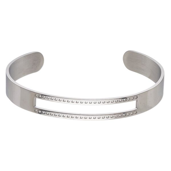 Bracelet component, cuff, stainless steel, 10mm wide with 43.5x4.5mm open rectangle and 50 holes, adjustable from 7 to 8 inches. Sold individually. image number 0