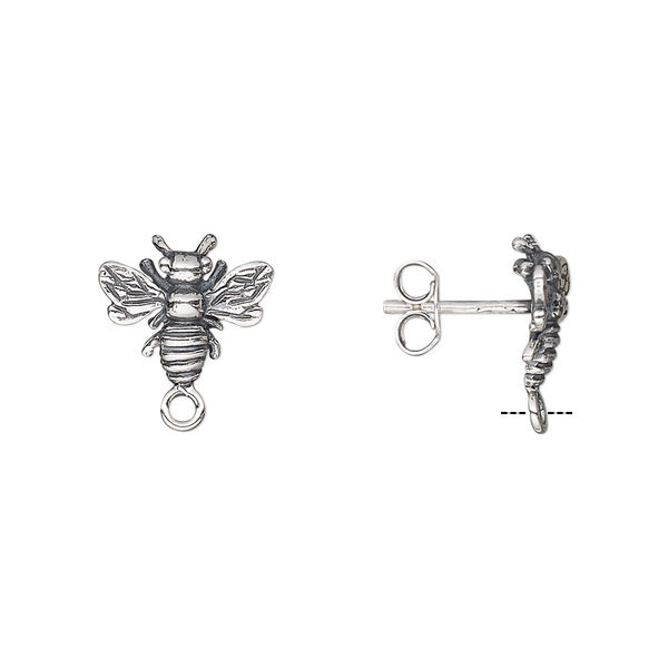 Earstud, antiqued sterling silver, 11.5x10mm bee with closed loop. Sold per pair. image number 0