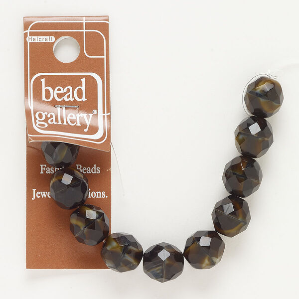 Bead, glass, opaque black / brown / white, 12mm faceted round. Sold per 6-inch strand, approximately 10 beads. image number 0