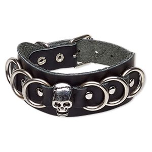 Bracelet, leather (dyed) with imitation rhodium-plated steel and "pewter" (zinc-based alloy), black, 30mm wide with skull and ring design, adjustable from 5-1/2 to 7 inches with buckle-style closure. Sold individually.