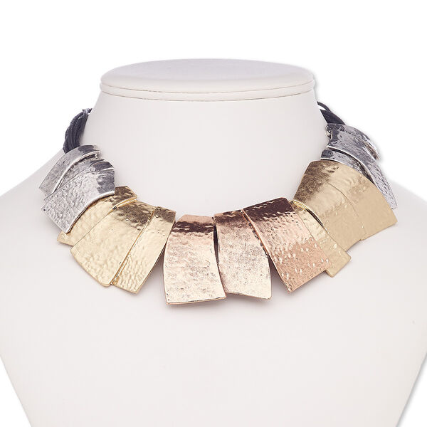 Necklace, multi-strand, waxed cotton cord / silver-coated plastic / silver-plated brass / steel / gold-finished / silver- / copper-plated "pewter" (zinc-based alloy), black, rectangle, 16 inches with 2-inch extender chain and lobster claw clasp. Sold individually. image number 0
