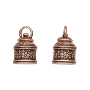 Cord end, JBB Findings, antique copper-plated brass, 15x12mm tube with swivel and flower and leaves design, 9.5mm inside diameter. Sold per pkg of 2.