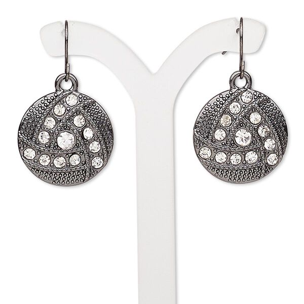 Earring, glass with gunmetal-finished "pewter" (zinc-based alloy) and brass, clear, 31mm with textured round and triangle design with fishhook ear wire. Sold per pair. image number 0