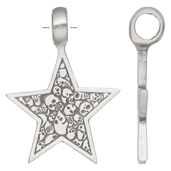 Pendant, antiqued pewter (tin-based alloy), 44x32mm single-sided star with skull design. Sold individually. image number 0