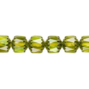Bead, Czech dipped décor glass, lime green Apollo AB, 8mm round cathedral. Sold per 15-1/2" to 16" strand.