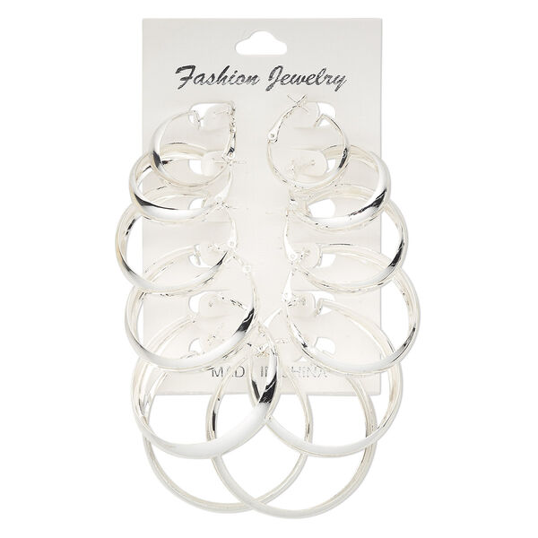 Earring, silver-plated steel, 24-51mm round hoop with hinged closure. Sold per pkg of 6 pairs. image number 0