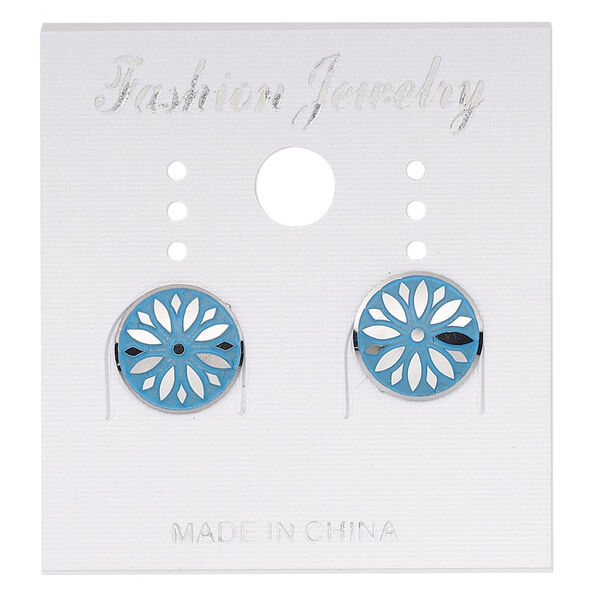 Earstud, stainless steel, blue patina, 10mm round with aster flower design. Sold per pair. image number 0