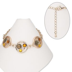 Bracelet, acrylic / rose gold-finished "pewter" (zinc-based alloy) / steel, green and orange, 18mm wide, 6-1/2 inches with 2-1/2 inch extender chain and lobster claw clasp. Sold individually.