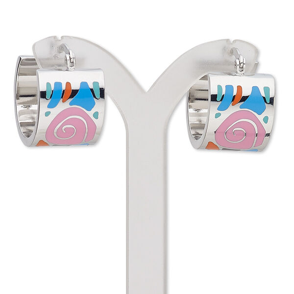 Earring, Avant-Garde Jewelry Collection, enamel and stainless steel, multicolored, 22mm 3/4 round hoop with rose design and latch-back closure. Sold per pair. image number 0