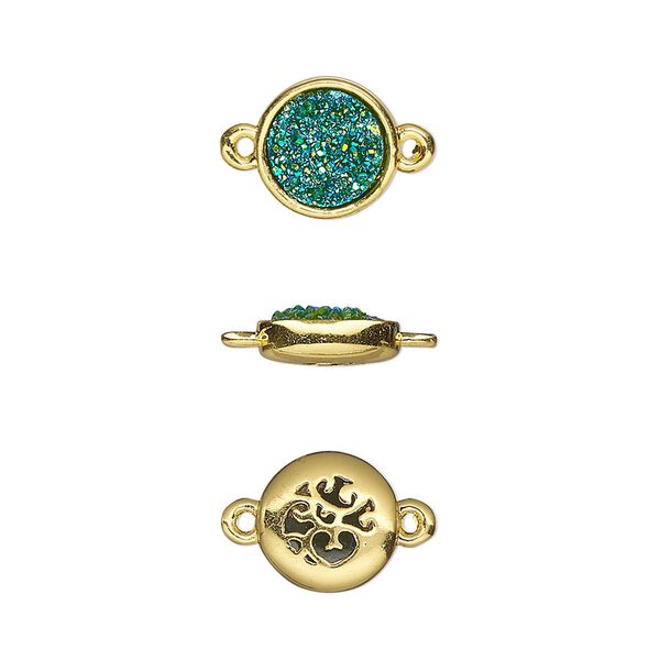 Link, Druzylite™, "druzy" (resin) and gold-finished brass, green, 9.5mm two-sided round with open filigree back. Sold per pkg of 4. image number 0