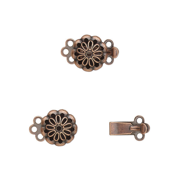 Clasp, 3-strand tab, antique copper-plated brass, 9x9mm flower. Sold per pkg of 10. image number 0
