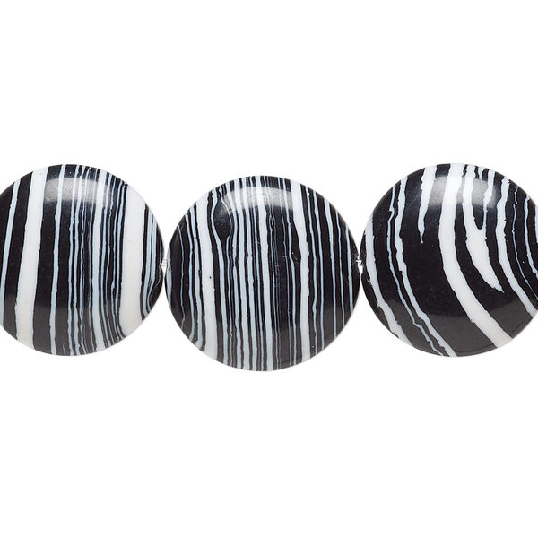 Bead, resin, black and white, 16mm flat round. Sold per 15" to 16" strand. image number 0