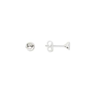 Earstud 1pkg10 sterling silver, 4mm cup / 5-6mm round glue-in setting / earnuts, 5 pair