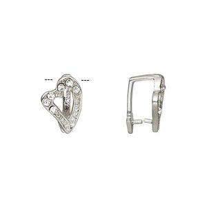 Bail, ice-pick, Egyptian glass rhinestone and imitation rhodium-plated brass, clear, 13x9mm heart, 9mm grip length. Sold per pkg of 6.