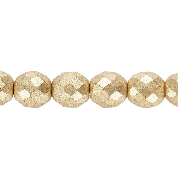 Bead, Czech fire-polished glass, opaque satin gold, 10mm faceted round. Sold per 15-1/2" to 16" strand, approximately 40 beads. image number 0