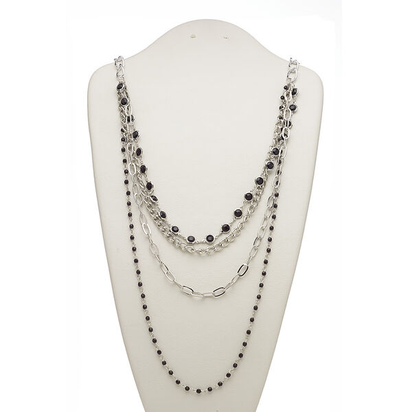 Necklace, 4-strand, glass / acrylic / silver-plated steel / aluminum, black, round, 28 inches with 2-inch extender chain and lobster claw clasp. Sold individually. image number 0
