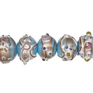 Bead, lampworked glass, opaque turquoise blue and multicolored with silver- and gold-colored foil, 13x11mm rondelle. Sold per pkg of 30.