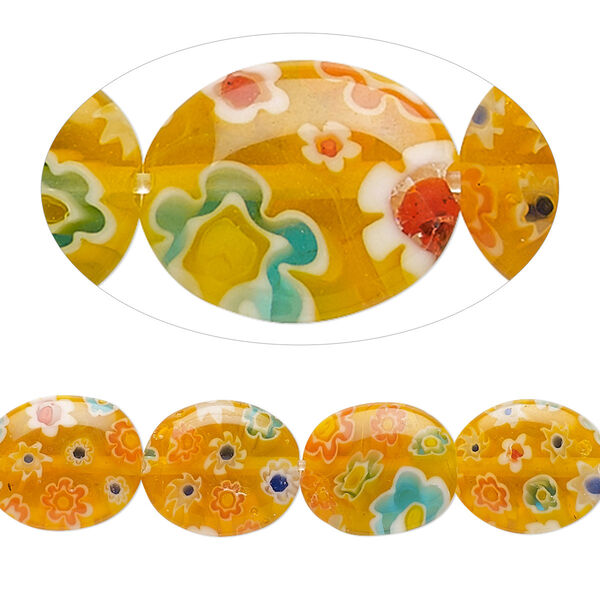 Bead, millefiori glass, translucent orange and multicolored, 12x10mm puffed oval. Sold per 15-inch strand, approximately 20 beads. image number 0