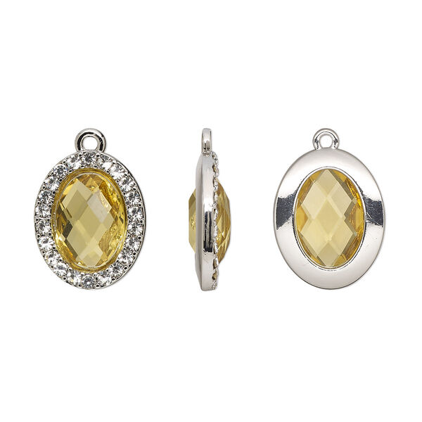 Drop, glass / glass rhinestone / imitation rhodium-finished "pewter" (zinc-based alloy), clear and transparent citrine yellow, 19x15.5mm single-sided oval. Sold per pkg of 2. image number 0