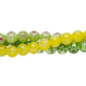 Bead, millefiori glass, translucent yellow and multicolored, 6mm round. Sold per pkg of (3) 14-inch strands.