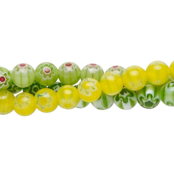 Bead, millefiori glass, translucent yellow and multicolored, 6mm round. Sold per pkg of (3) 14-inch strands. image number 0