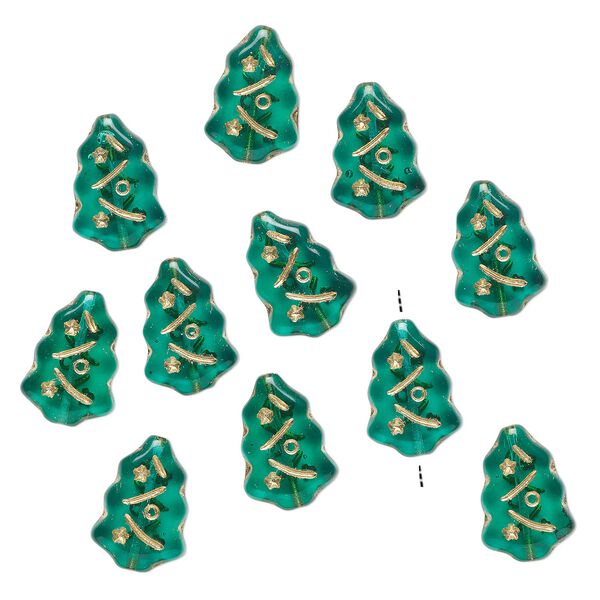 Bead, glass, translucent green and gold, 17x12mm Christmas tree. Sold per pkg of 11. image number 0