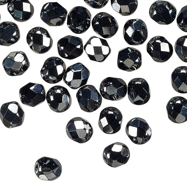 Czech fire-polished glass 1pkg1, faceted round bead opaque hematite 1 mass 6mm image number 0