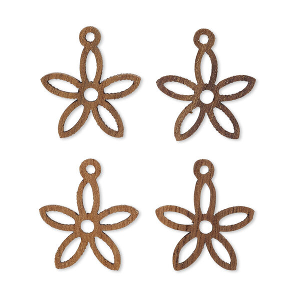 Drop, wood (natural), 15x14mm double-sided flower with cutout design. Sold per pkg of 4. image number 0