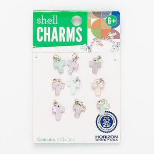 Drop, mother-of-pearl shell (dyed) and steel, orange / purple / green, 13x10mm cross. Sold per pkg of 9.