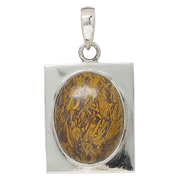 Pendant, chrysanthemum stone (natural) and sterling silver, 29x26mm-34x27mm rectangle. Sold individually. image number 0
