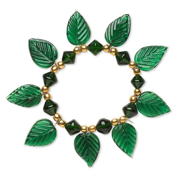 Bracelet, stretch, glass and gold-finished steel, green, 4mm round / 10x9mm double cone / 22x15mm leaf, 5-1/2 inches. Sold individually. image number 0