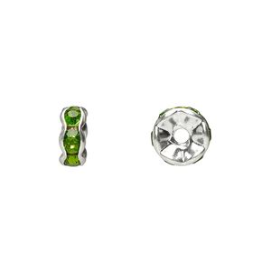 Bead, glass rhinestone and silver-plated brass, peridot green, 8x4mm rondelle. Sold per pkg of 10.