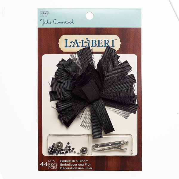 Brooch / hair clip kit, Laliberi™, fabric / silver-finished steel / silver-coated plastic, black and clear, flower. Sold per kit. image number 0