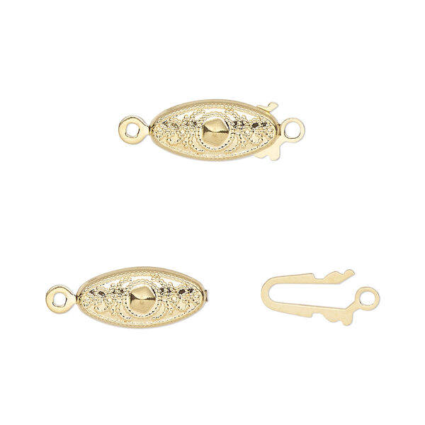 Clasp, fishhook, gold-plated brass, 13x7mm filigree oval. Sold per pkg of 100. image number 0