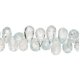 Aquamarine / goshenite 1pkg1, hand-cut top-drilled faceted puffed teardrop bead light to medium 8 inch 7x5mm-11x7mm
