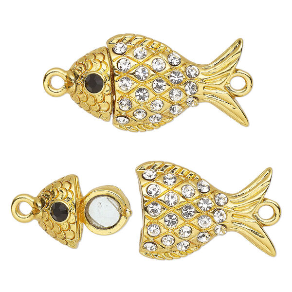 Clasp, magnetic, glass rhinestone and gold-plated "pewter" (zinc-based alloy), clear and black, 32x18mm 3D fish. Sold individually. image number 0