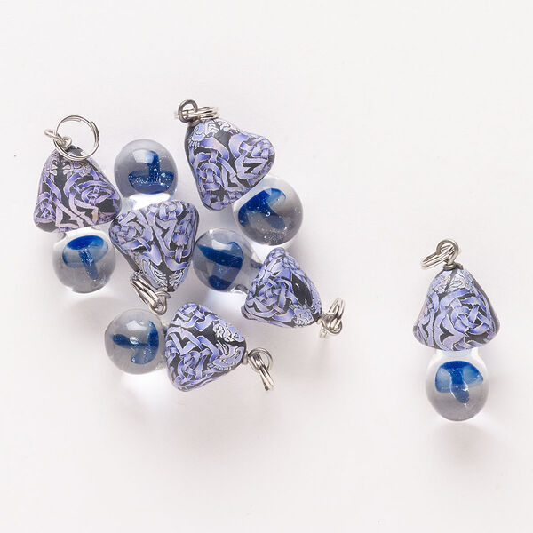 Drop, silver-finished steel / brass / glass / polymer clay, multicolored, 21x13mm-25x16mm mushroom. Sold per pkg of 6. image number 0