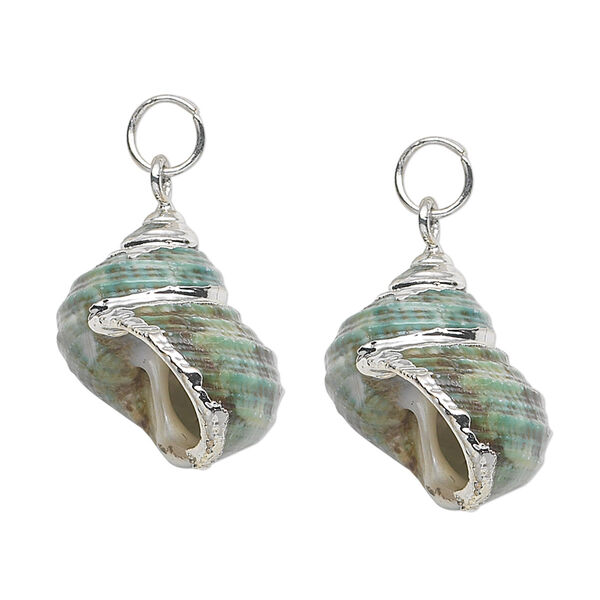 Drop, turban shell (natural) and silver-plated steel, green / brown / white, 27x21mm. Sold per pkg of 2. image number 0