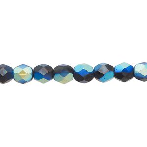 Bead, Czech fire-polished glass, opaque black half-coated matte AB, 6mm faceted round. Sold per 15-1/2" to 16" strand.