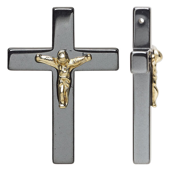 Hemalyke™ / pewter (tin-based alloy) 1pkg2, gold-finished side-drilled 1-sided crucifix focal 42x30mm image number 0