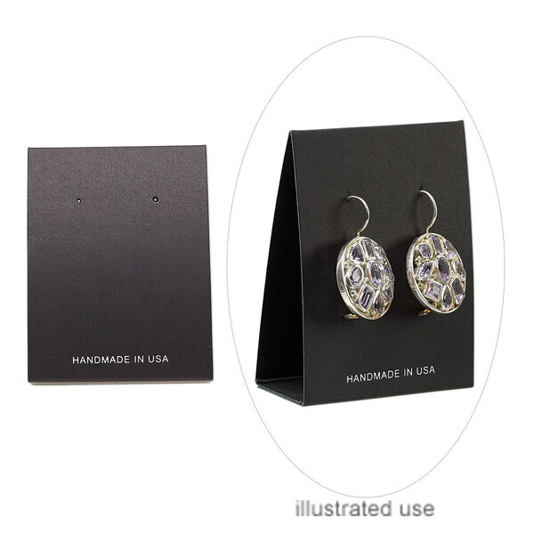Earring card, adhesive and card stock, black, 3 x 2-1/4 inches with "HANDMADE IN USA." Sold per pkg of 100. image number 0