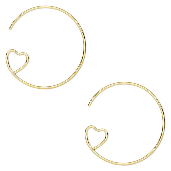 Ear wire, gold-plated brass, 23mm round with open heart, 19 gauge. Sold per pkg of 5 pairs. image number 0