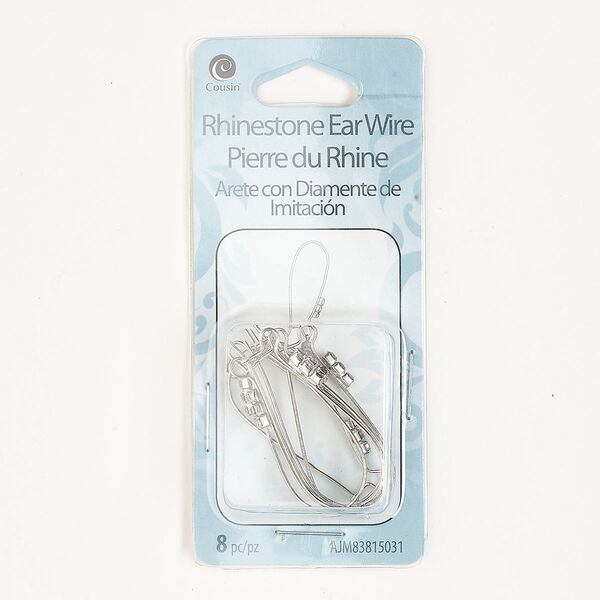 Ear wire, silver-finished steel and glass, clear, 37mm kidney with open loop, 21 gauge. Sold per pkg of 4 pairs. image number 0