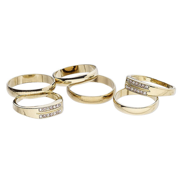 Ring mix, glass rhinestone and gold-finished brass, clear and pink, 4mm and 6mm wide, size 5 to 12-1/2. Sold per pkg of 6. image number 0
