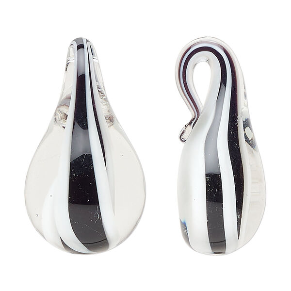 Focal, lampworked glass, clear / opaque white / opaque black, 31x18mm-33x19mm teardrop with swirl. Sold individually. image number 0
