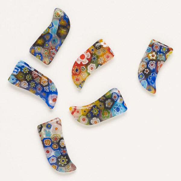 Component, millefiori glass, translucent multicolored, 25x12mm-28x14mm undrilled talon. Sold per pkg of 6. image number 0