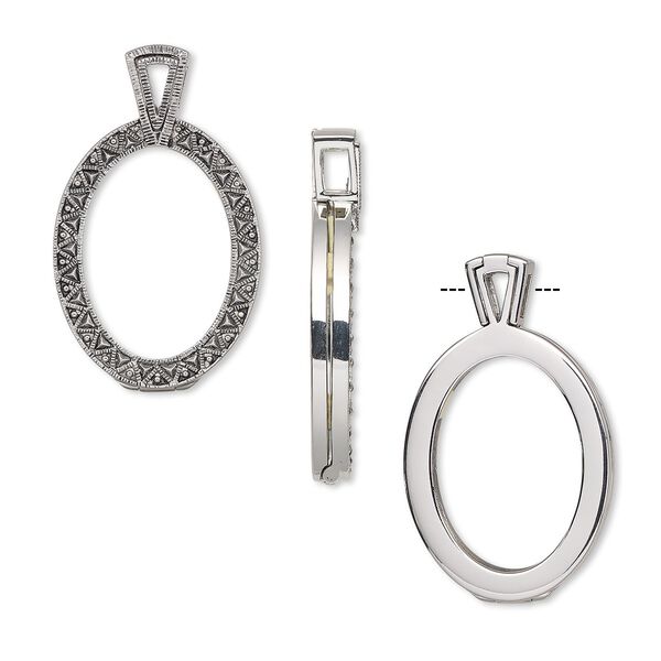 Pendant, Almost Instant Jewelry®, antique silver-plated brass and rubber, 46x27.5mm single-sided hinged oval with 30x22mm oval setting. Sold individually. image number 0