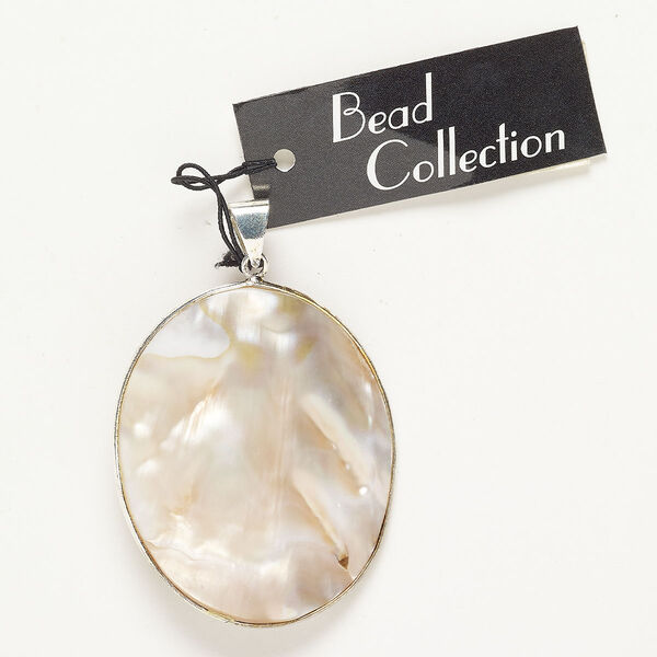 Pendant brass mother-of-pearl shell 1pk 53x40mm-55x42mm oval, silver finish peach dyed image number 0