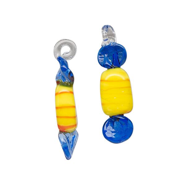 Drop, lampworked glass, translucent blue / yellow / red, 21x6mm-25x7mm candy. Sold per pkg of 2. image number 0